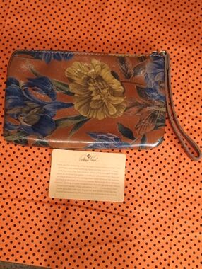 Patricia Nash Brown Leather Floral Wristlet with Blue & Gold Blooms